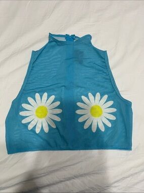Blue Daisy Print Mesh Halter Crop Top
